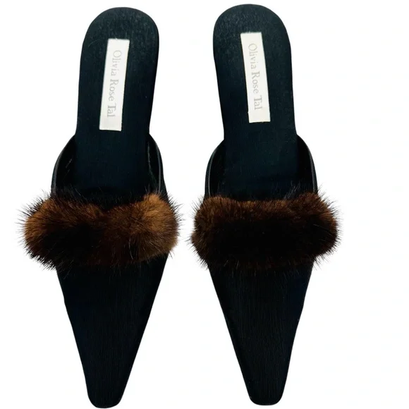 Olivia Rose Tal Black Wedge Mules with Brown Fur sz 9 Vintage - Picture 11 of 11